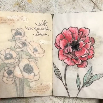 Open notebook with floral illustrations on a textured surface