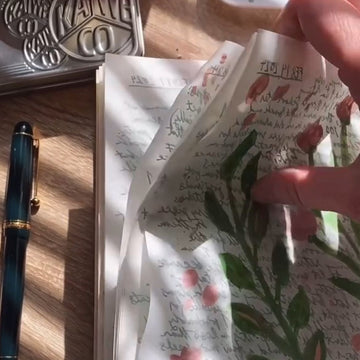 Hand holding a floral notebook with text on a wooden surface
